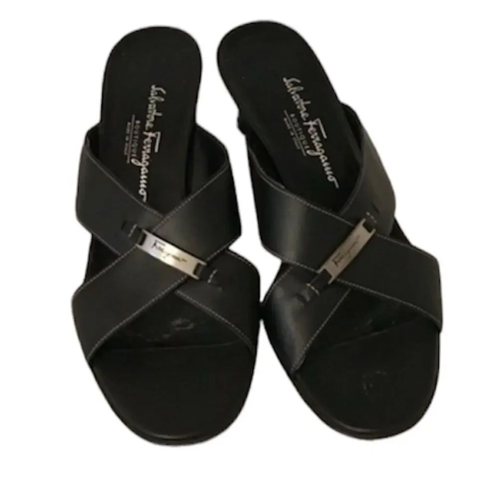 Salvatore Ferragamo Logo Black Leather Slide Sandal Criss Cross Heels Size 10